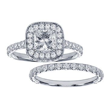 2.70 CT Pave Set Diamond Encrusted Princess Cut Engagement Ring Set in 14k White Fold